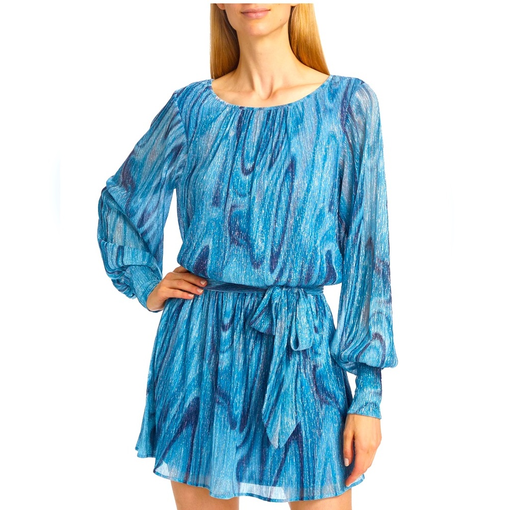 NWT Ramy Brook Emberly Blue and Silver Metallic Swirl Mini Dress